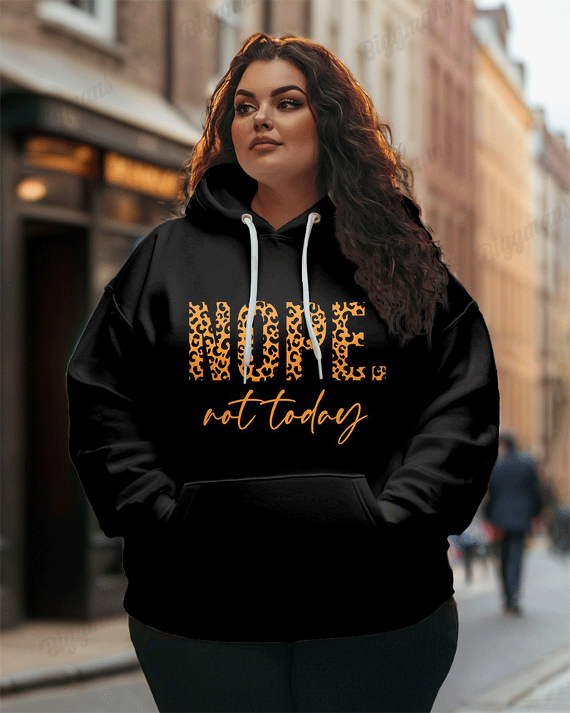 Women's Plus Leopard NOPE Not Today Print Long Sleeve Hoodie