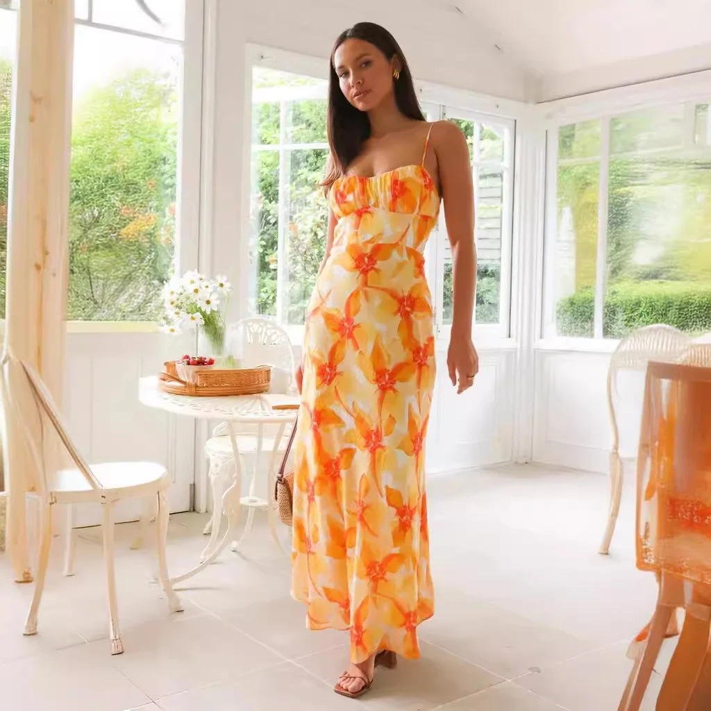 Zingj Zingj Wind 24 Years Fresh And Sweet Summer Floral Print Open Back Middle Long Dress 88242