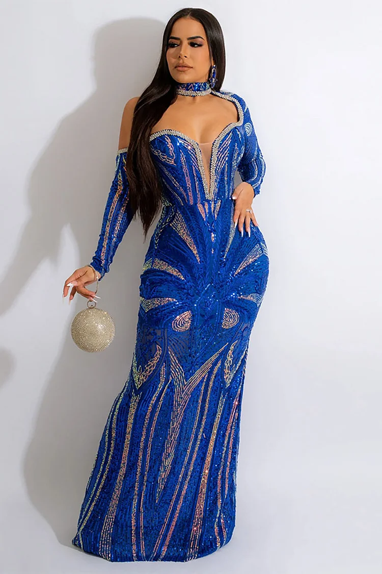 Sequins One Shoulder Long Sleeve Bodycon Evening Gowns Maxi Dresses