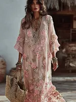 Boho Pink Roses Lace Patchwork Flowy Linen Maxi Dress