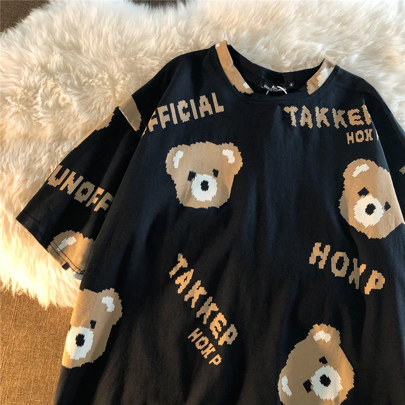 2021 Summer T Shirt Harajuku Korean Style Loose T-shirts Cute Kawaii Bear Printed Couple Tops Women Girls Short Sleeve Clothes