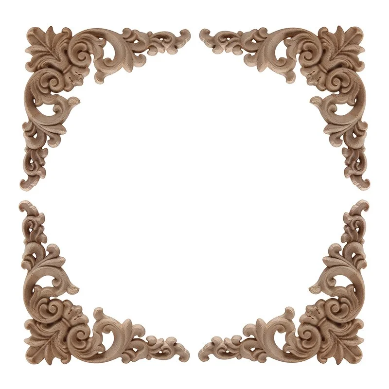 4PCS Unpainted Wooden Mouldings Decal European Wood Appliques for Furniture Cabinet New Flower Wood Carving Decorative Figurine