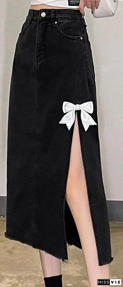 Women's Polyester High Elastic Waist Solid Pattern Denim Skirt