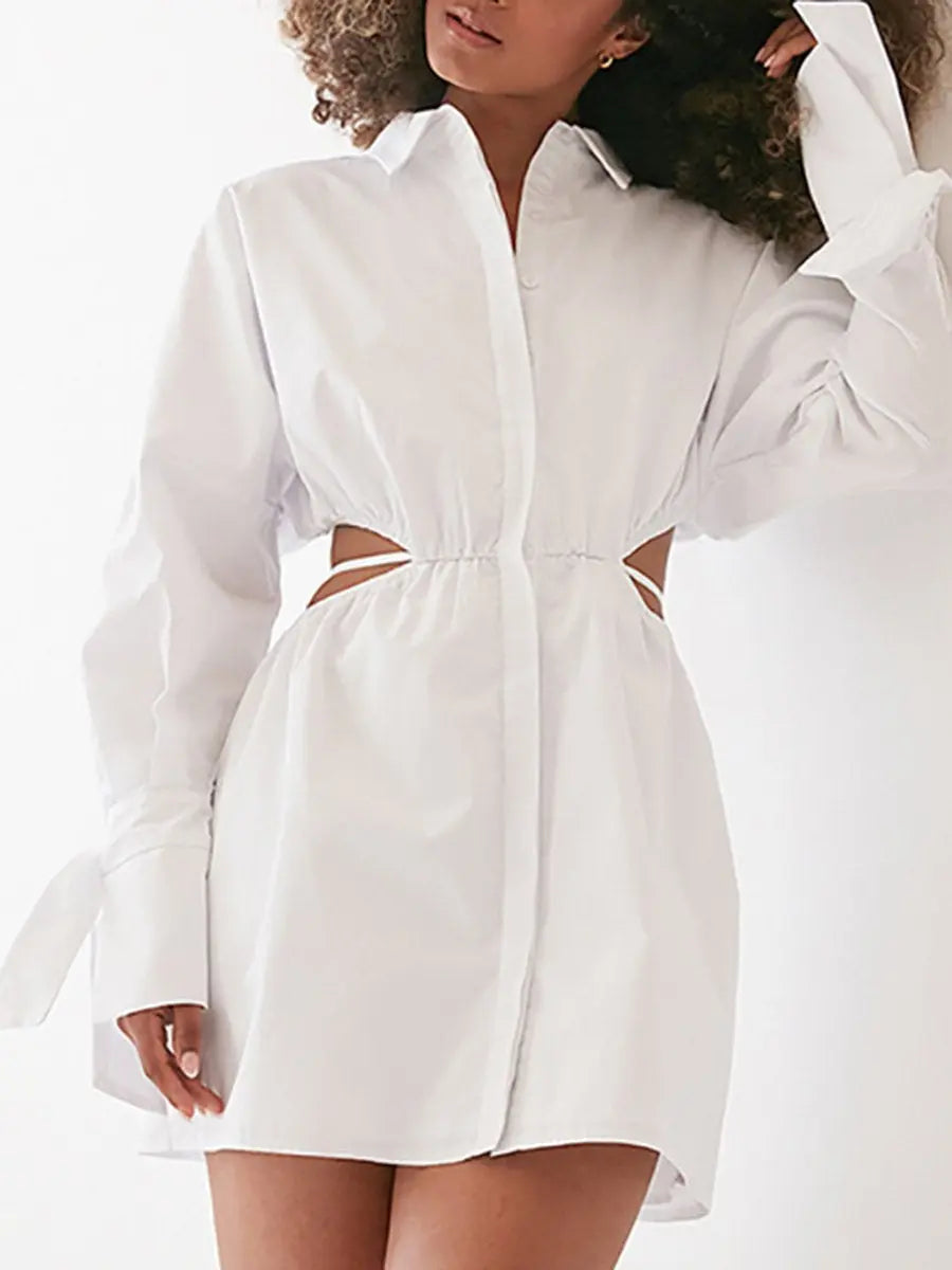 Turndown Collar Long Sleeve Hollow Out Short Dress