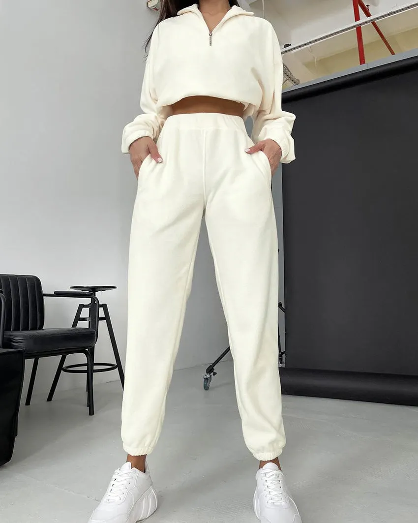 Long Sleeve Elasticized Waistband Sweatsuit Outfits White