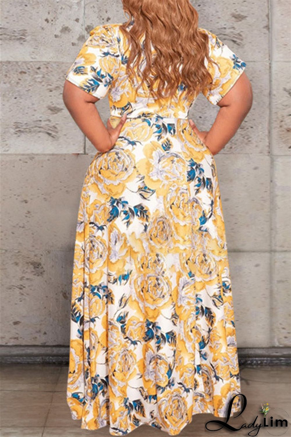 Earth Yellow Fashion Casual Print Bandage V Neck Plus Size Two Pieces