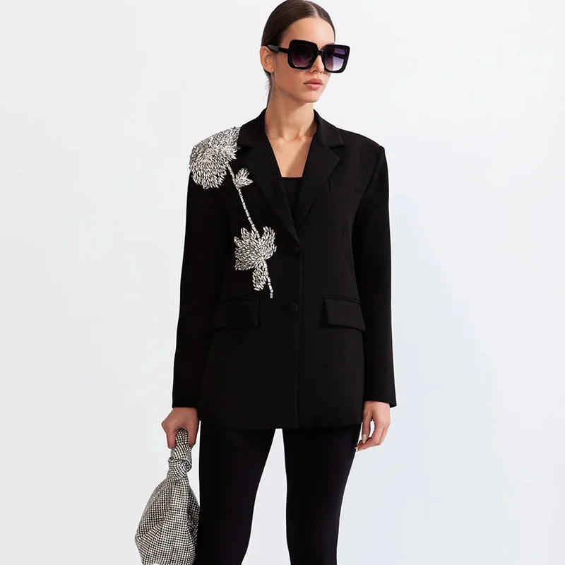 Toloer Toloer Sense French Retro Coat 2024 Autumn New Lapel Long Sleeve Rhinestone Stitching Flower Design Suit Woman-Outfit Ideas