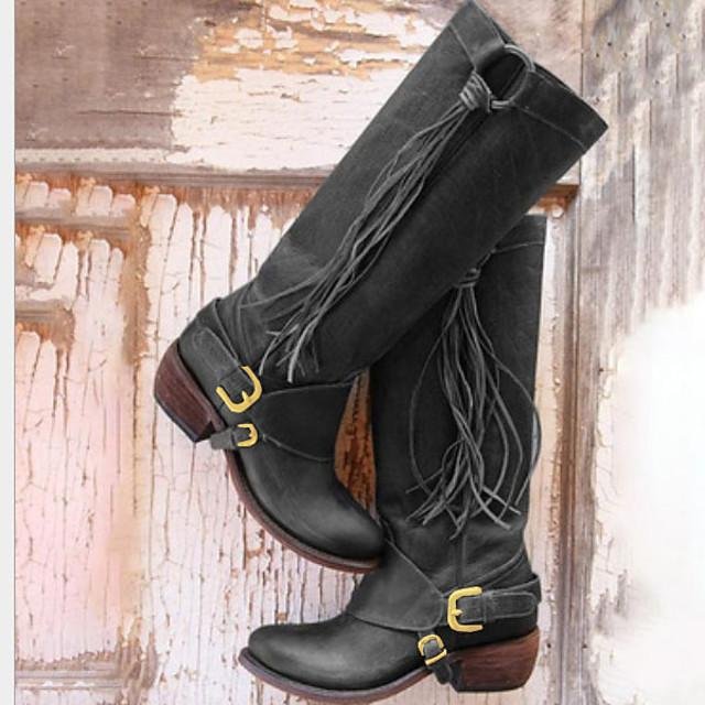 Women's Boots Knee High Boots Cowboy Western Boots Flat Heel Round Toe Vintage Daily Solid Colored PU Knee High Boots Winter Black / Brown - VSMEE