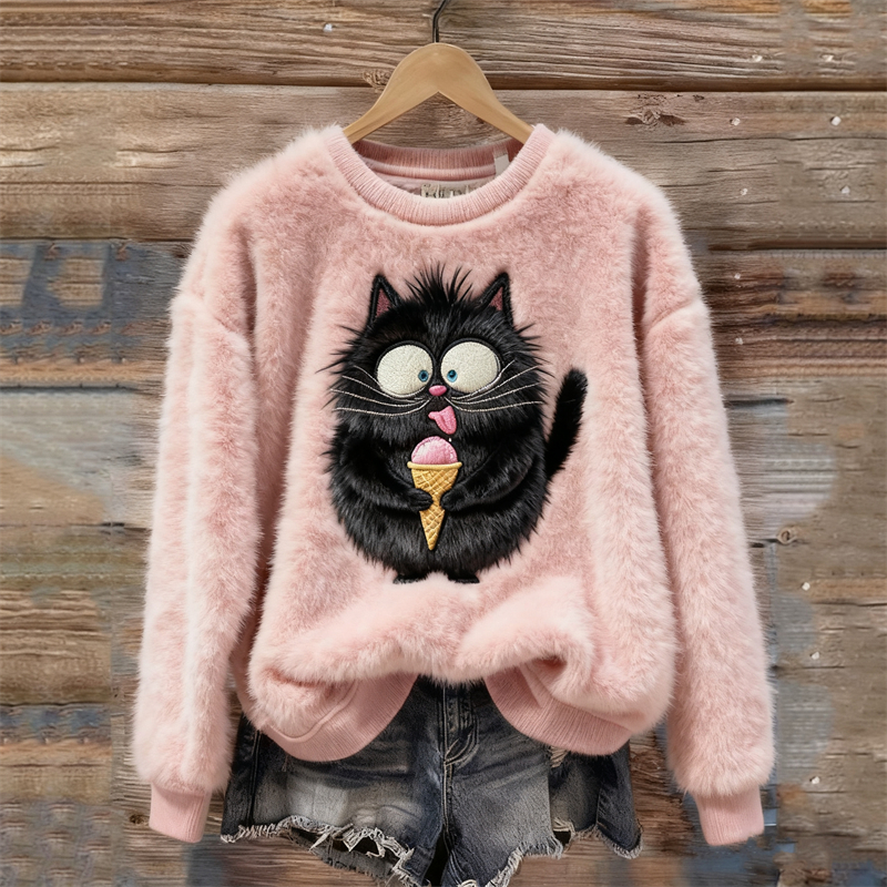 Funny Fuzzy Black Cat Embroidered Cozy Plush Sweatshirt elevenforest