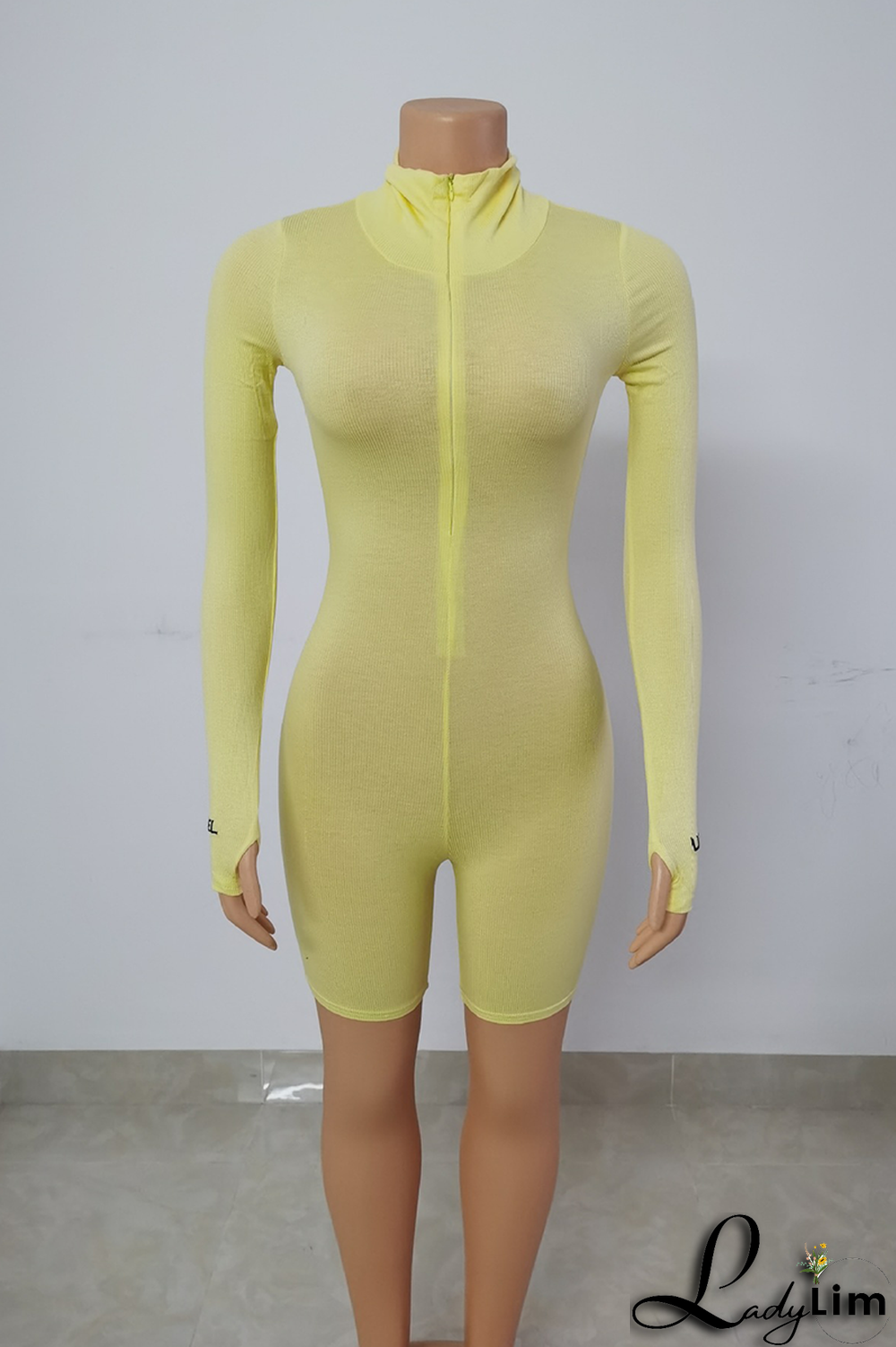 Yellow Fashion Print Letter Zipper Collar Skinny Jumpsuits