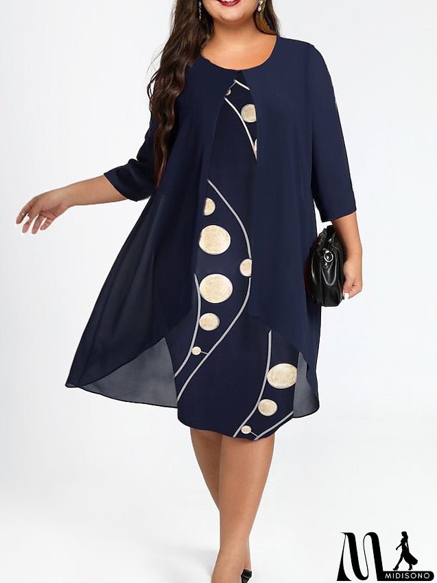 Women's Plus Size Dress Set Graphic Round Neck Ruched 3/4 Length Sleeve Spring Fall Work Formal Knee Length Dress