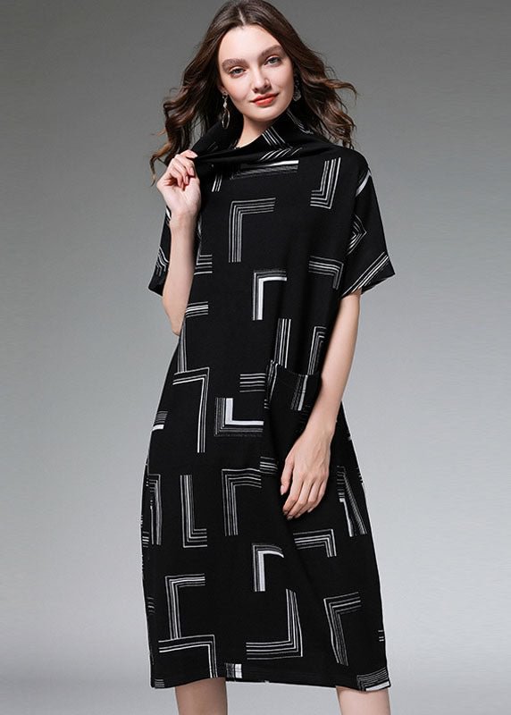 Loose Black Turtle Neck Print Dress Half Sleeve CK2346- Fabulory