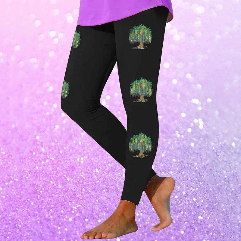 Happy Mardi Gras Tree Print Leggings