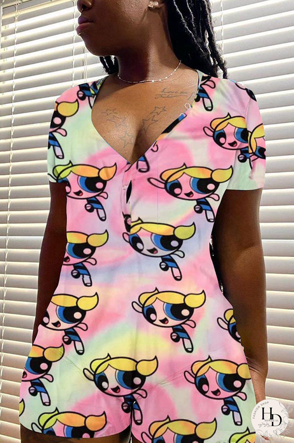 blue and yellow Casual Print Short Sleeve V Neck Jumpsuits