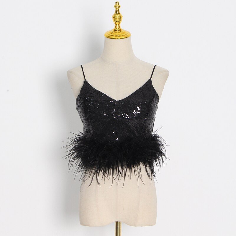 Cartoonh Sexy Solid Tank Tops For Women V Neck Sleeveless Patchwork Feathers Camis Female Summer Fashion Clothing Style New