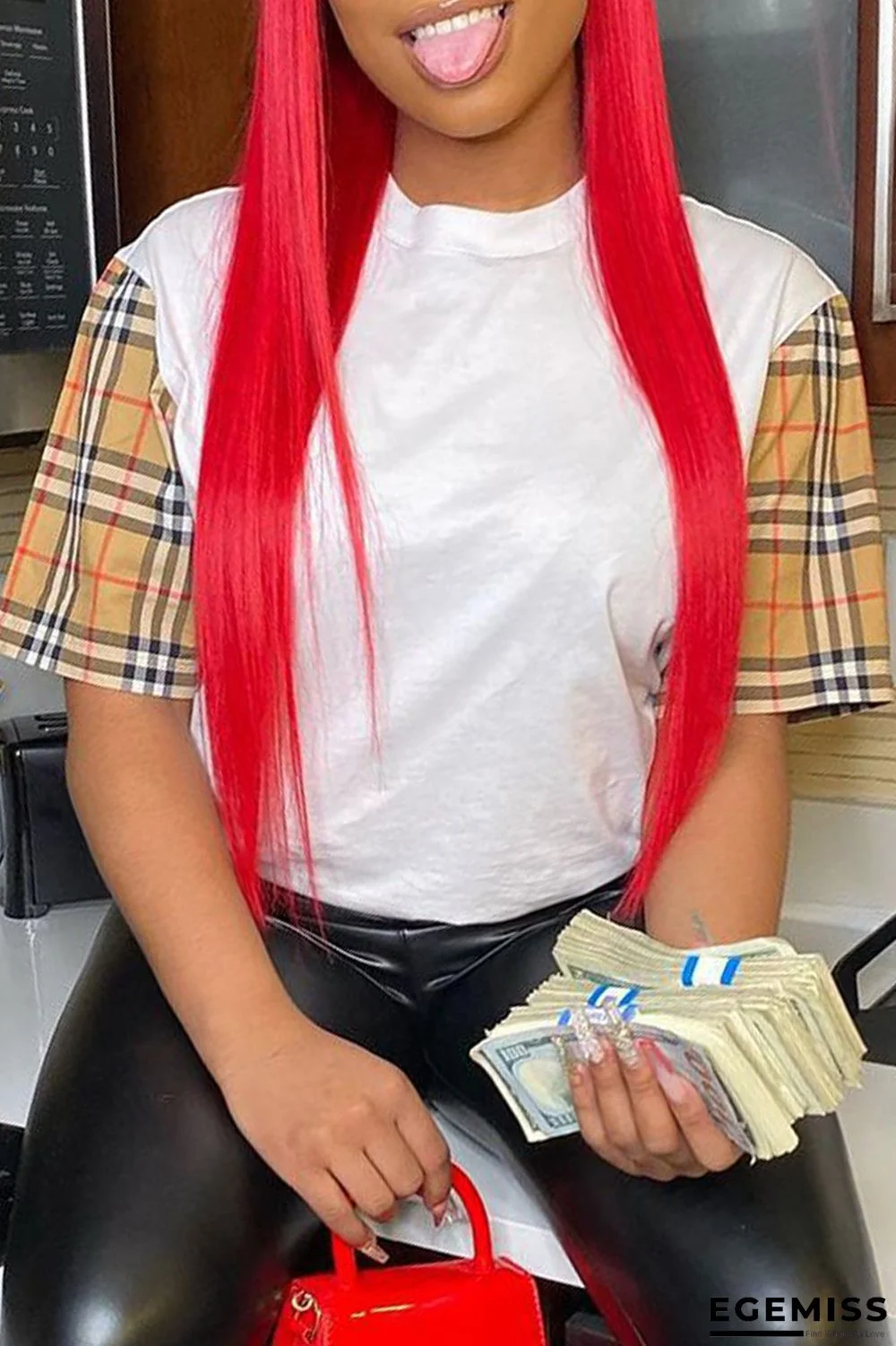 White Fashion Casual Print Patchwork O Neck T-Shirts | EGEMISS