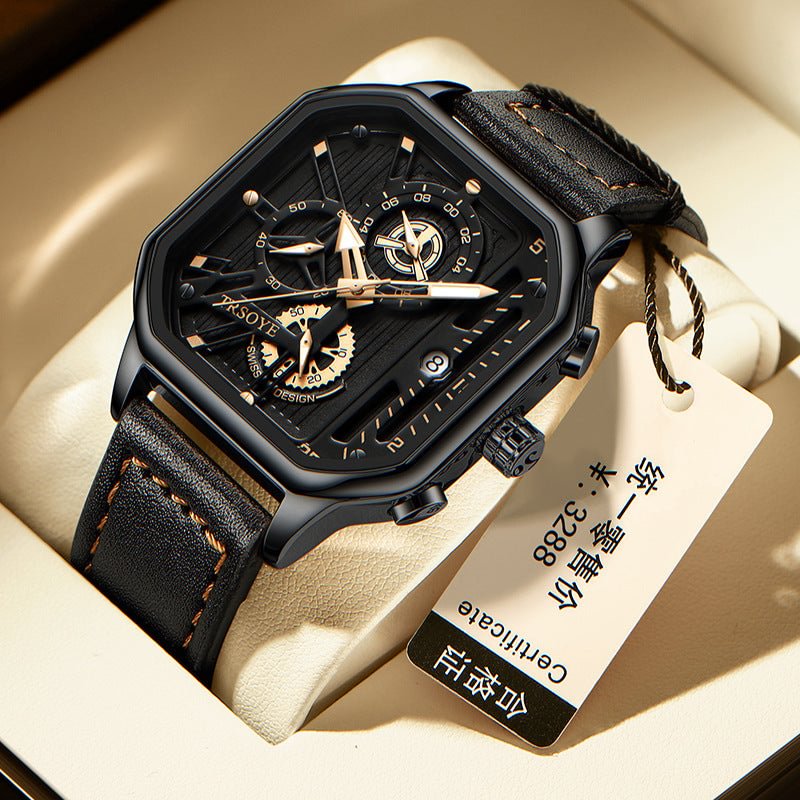 Luminous Square Waterproof With Calendar Leather Watch