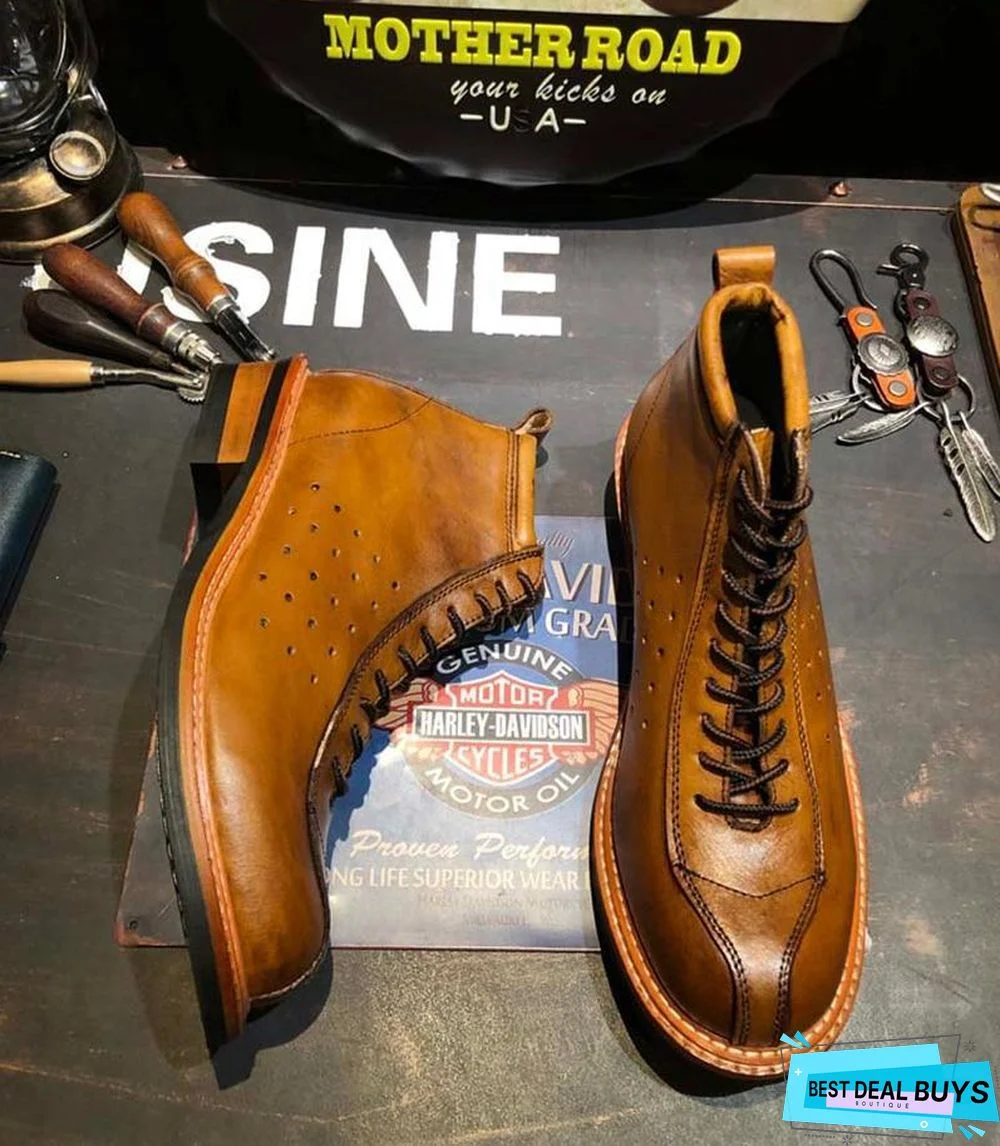 Vintage Genuine Leather Boots Full Grain Ankle Designer Shoes Men High Quality Fall Booties Short Brown Lace Up