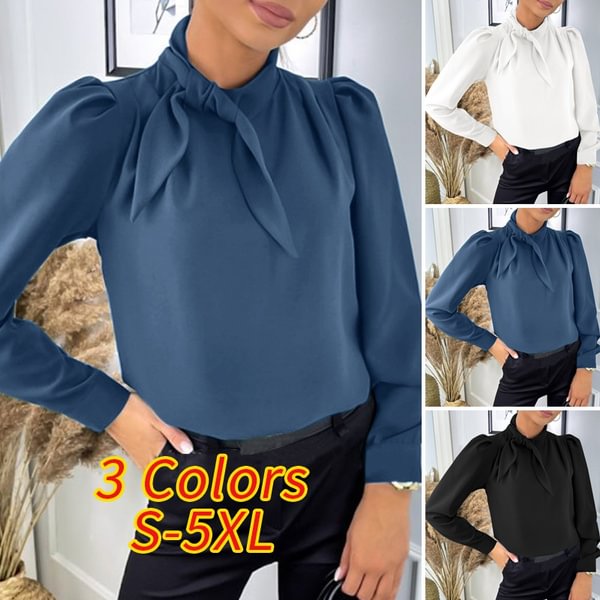 Women Bow Blouse OL Formal Puff Sleeve Blouse Plain Back Button Tops - Shop Trendy Women's Fashion | TeeYours