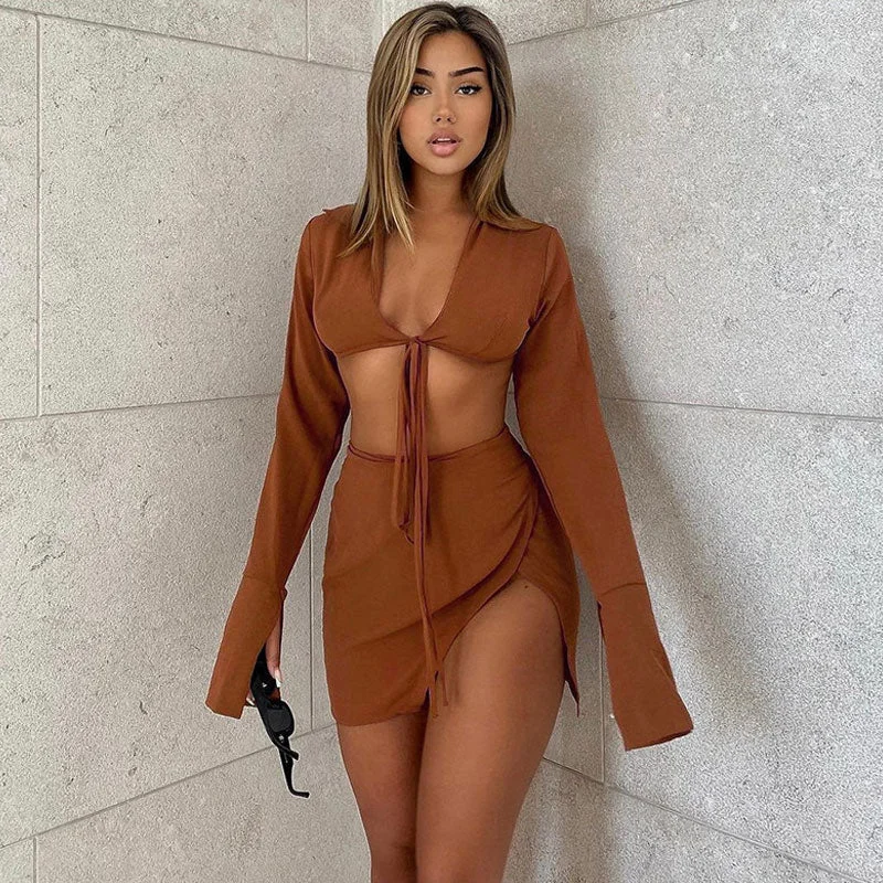 Hottynova Sexy Long Sleeve Crop Blouse Skirt Matching Set - Chocolate