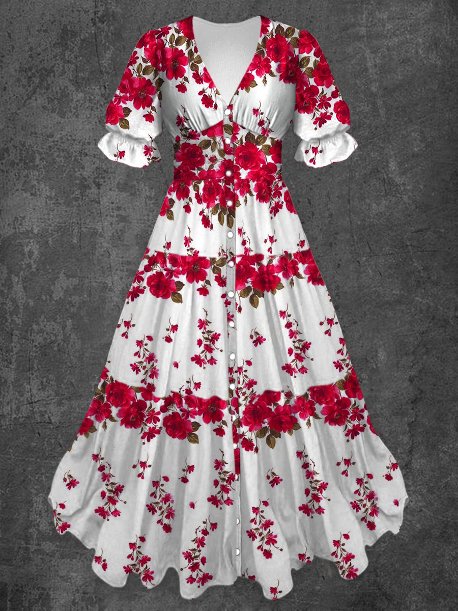 Retro Floral Art Print Chic V-Neck Button Up Short Sleeve Midi Dress