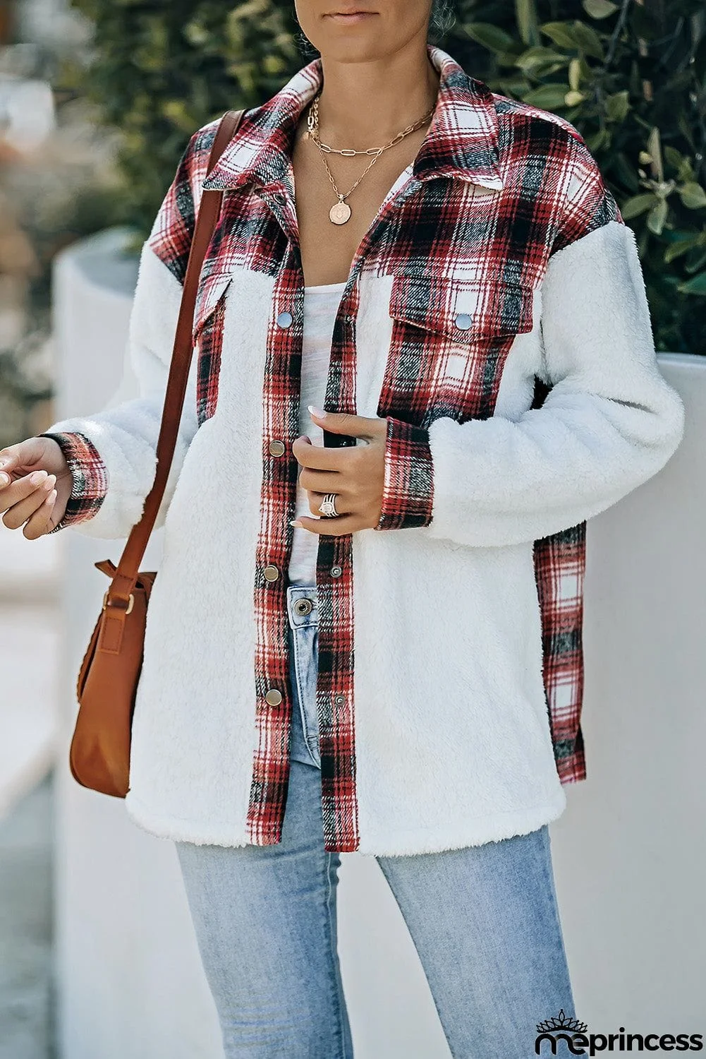 Plaid Patchwork Buttoned Pocket Sherpa Jacket