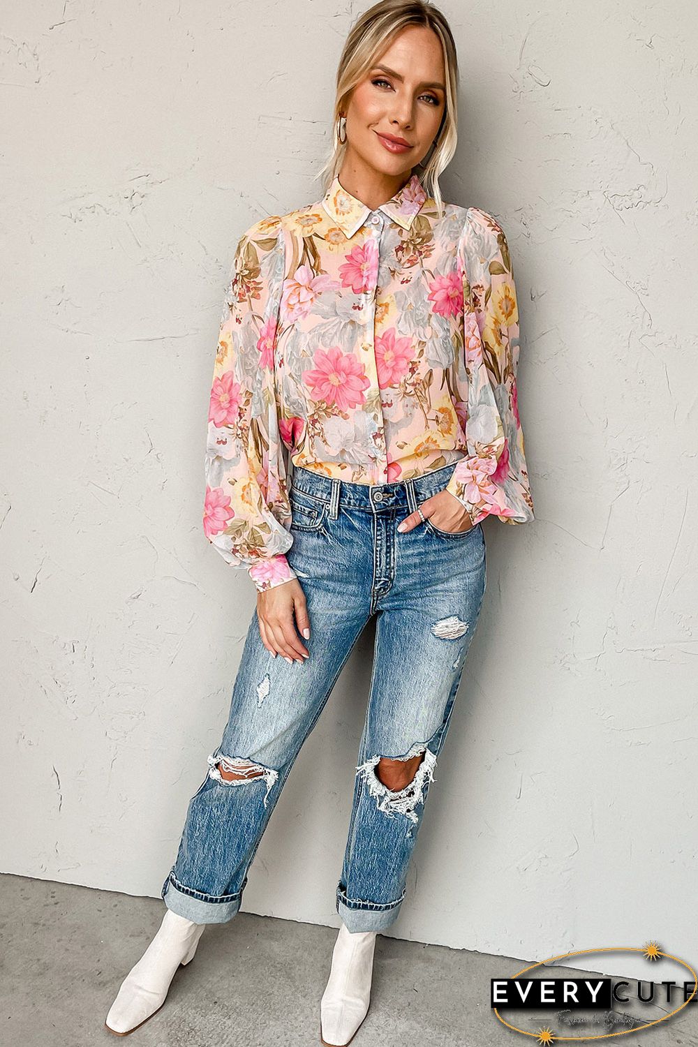 Pink All Floral Puff Sleeve Collared Shirt