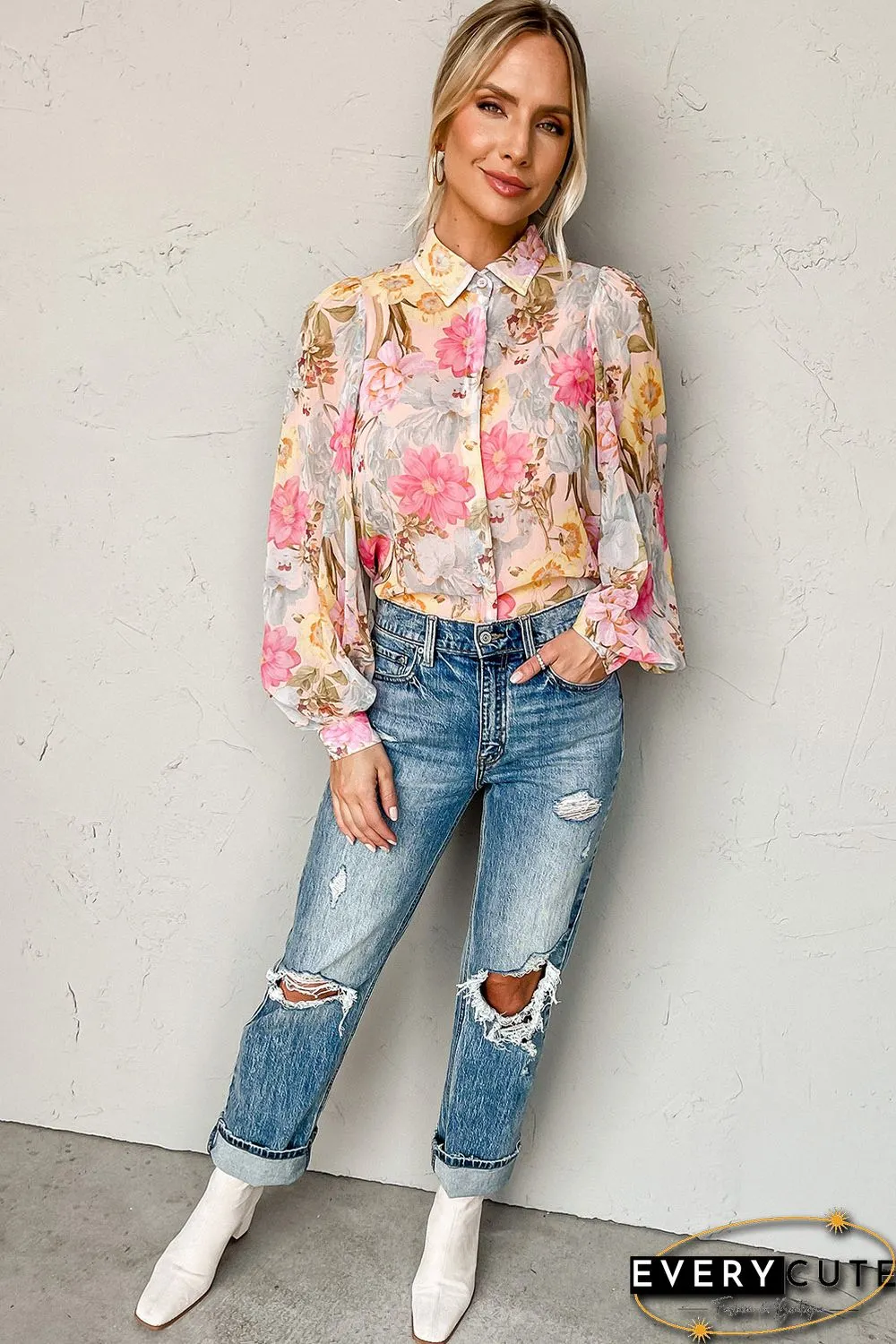 Pink All Floral Puff Sleeve Collared Shirt