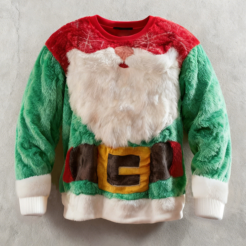 Men's Fun Santa Claus Color Block Crew Neck Plush Sweatshirt elevenforest