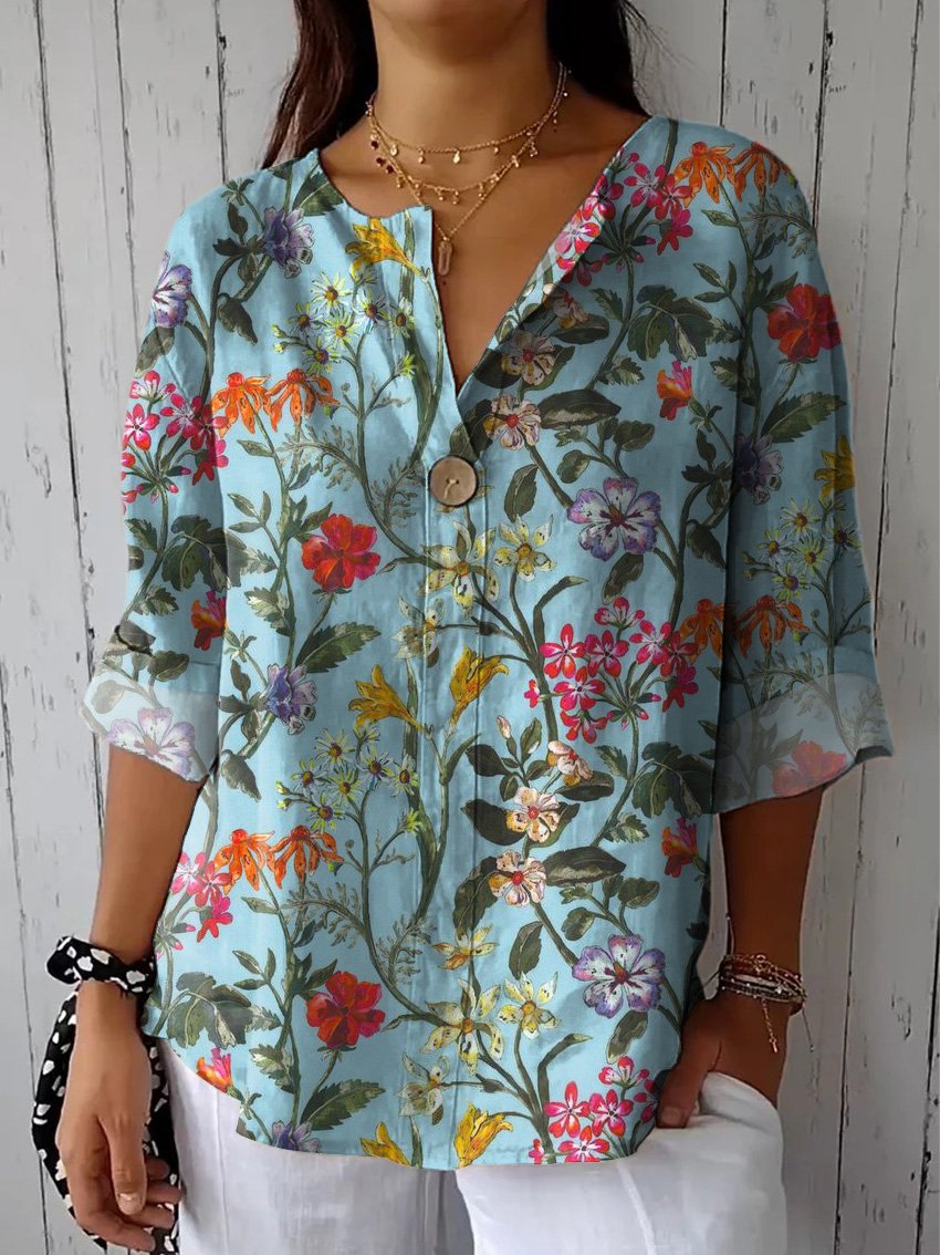 Colorful Summer Floral Pattern Printed Women's Casual Cotton Linen Shirt