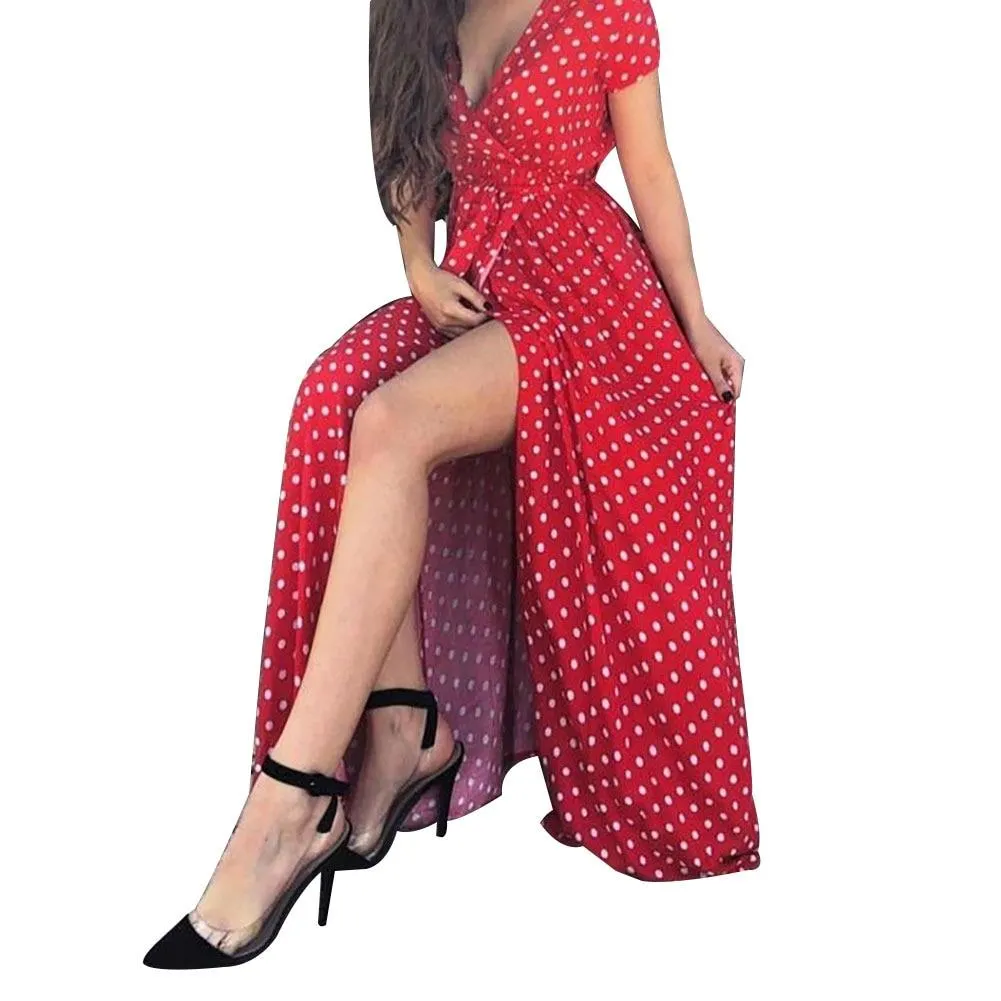 Summer Women Beach Party Sexy Deep-V Polka Dot Slits Short Sleeve Maxi Dress High slit dress Polka dot pattern fashion  elegant
