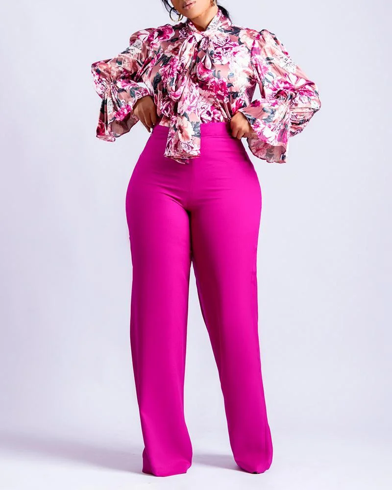 Printed long-sleeved shirt and wide-leg pants two-piece set