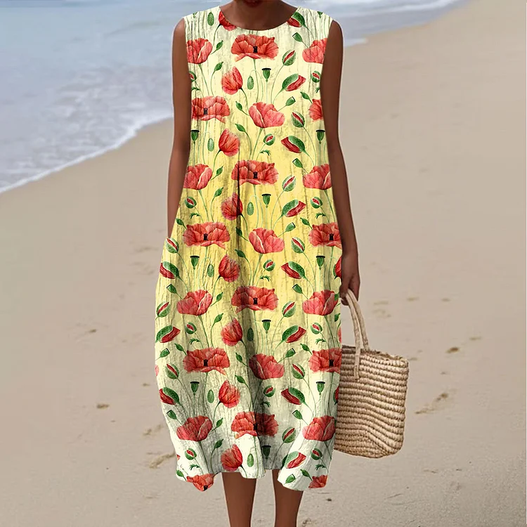 Women's Vintage Floral Art Print Sleeveless Cotton Pocket Wrap Dress