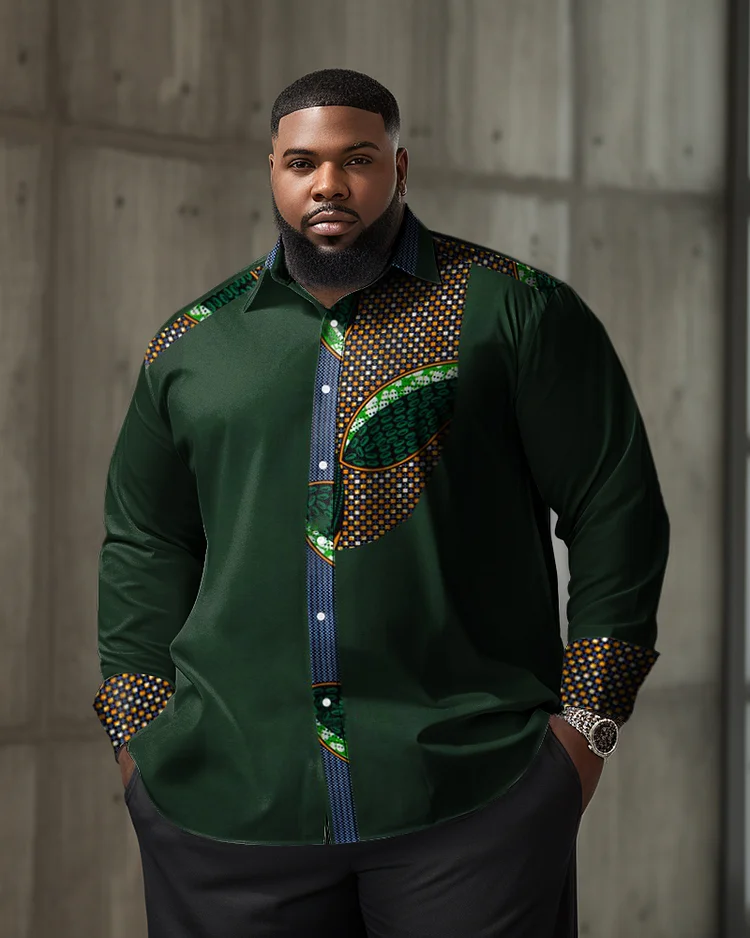 Men's Classic Casual Plus Size Green Geometric Long Sleeve Lapel Shirt