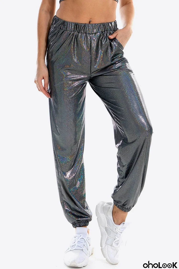 Glitter Elastic Waist Pants with Pockets