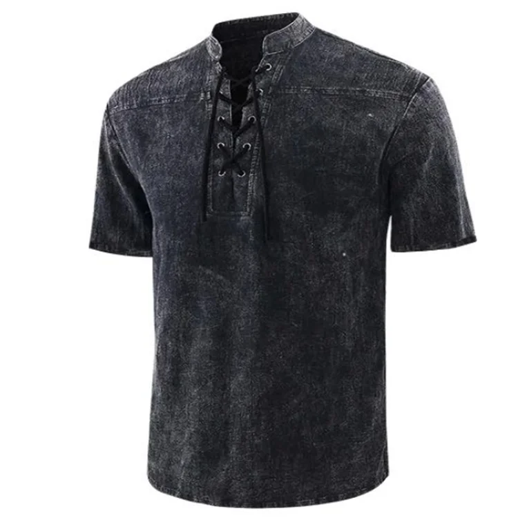 Men's New Solid Color Retro Lace-up Collar Casual Short-sleeved Shirt