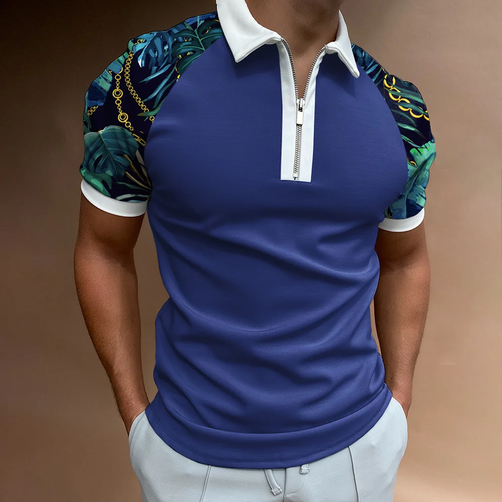 Men's Casual Chain Pattern Print Color Matching Short Sleeve Zipper Polo Shirt、、URBENIE