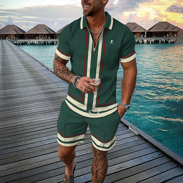 BrosWear Striped Color Matching Green Short Sleeve Polo Shirt And Shorts Co-Ord