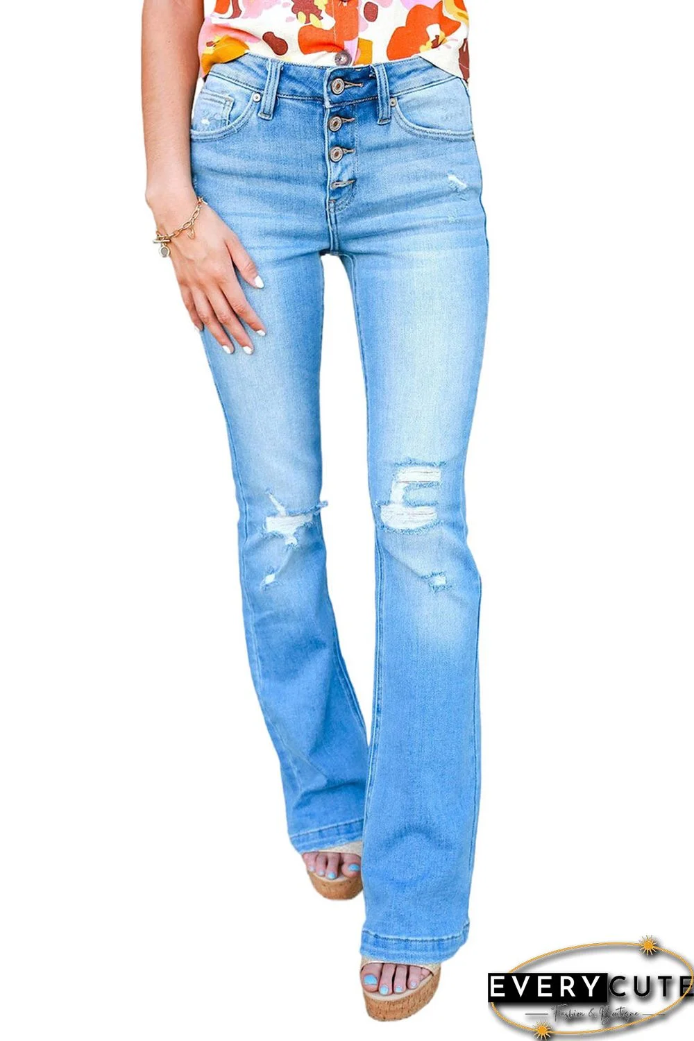 Button-fly Distressed High Rise Flare Jeans