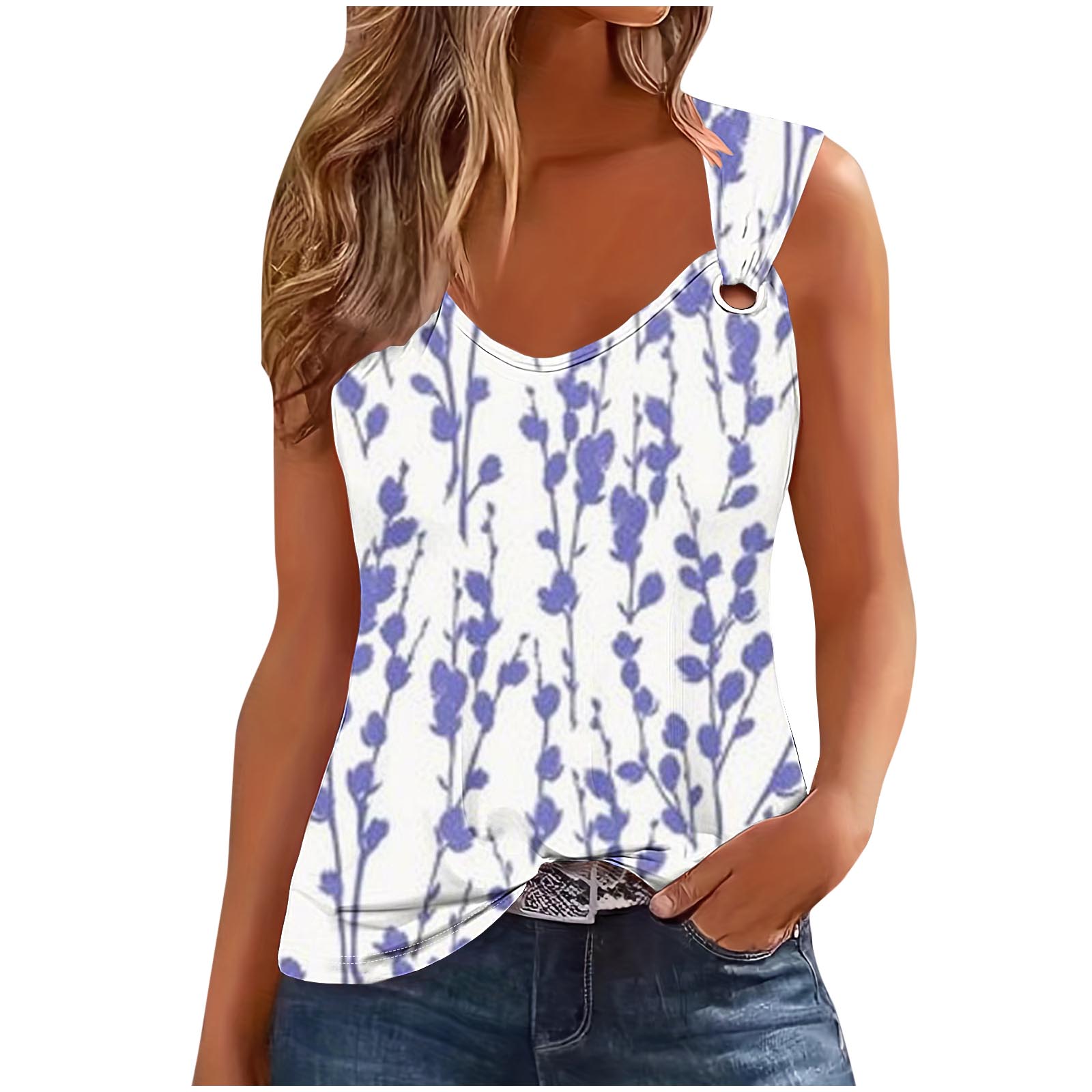 Luxylanellc Fashionable Women's T-shirt Plant Floral Print Summer Metal Buckle Sleeveless Hollou Out V-neck Vintage Tee TShirt Women Tops