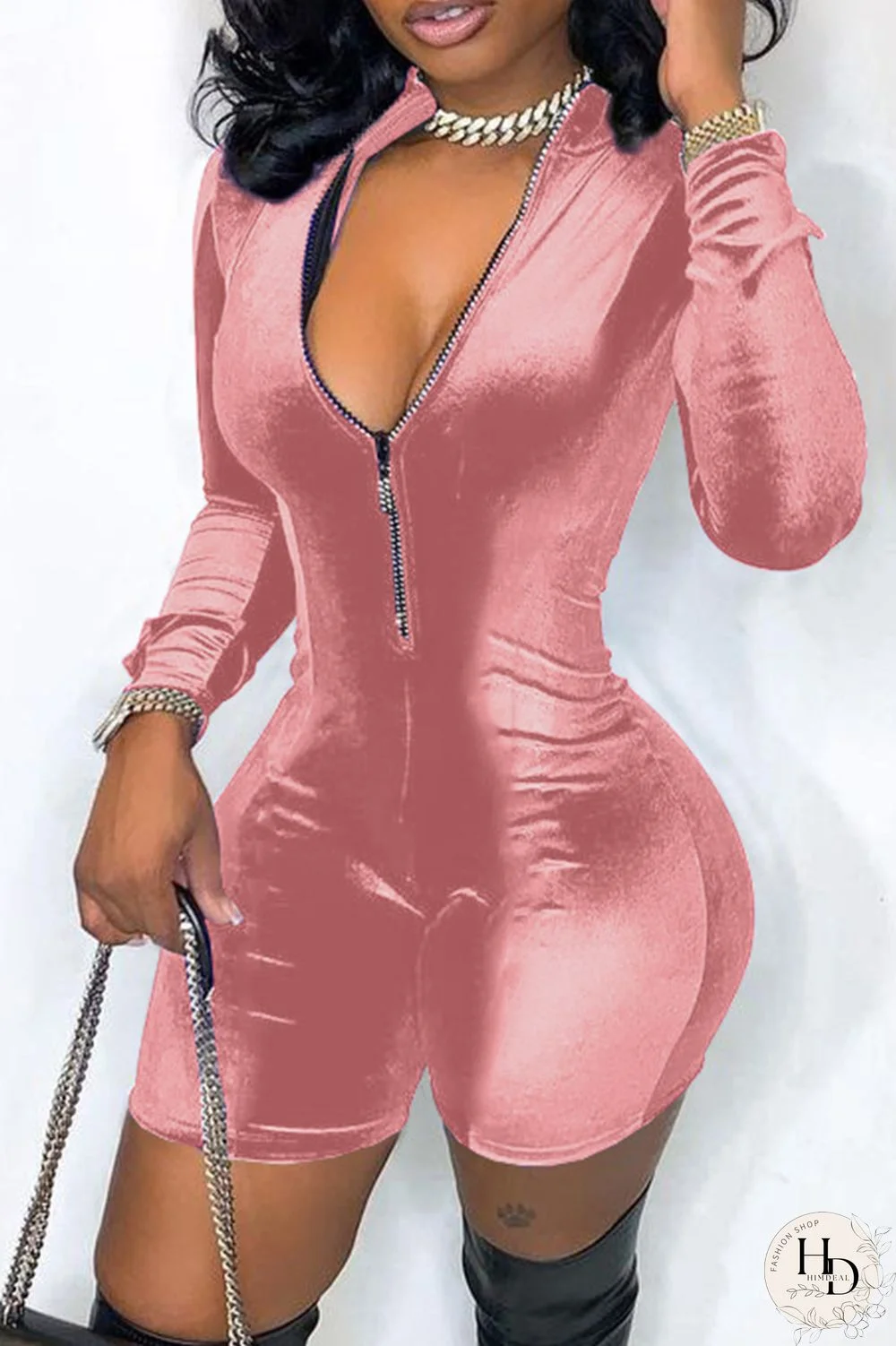 Pink Fashion Casual Solid Patchwork Zipper Collar Skinny Romper