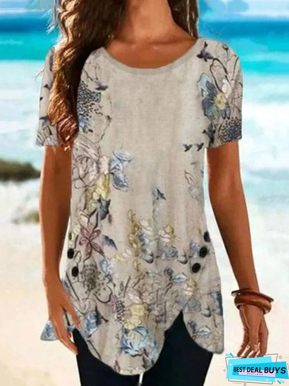 Boat Neck Floral Loose Cotton Tunic T-Shirt