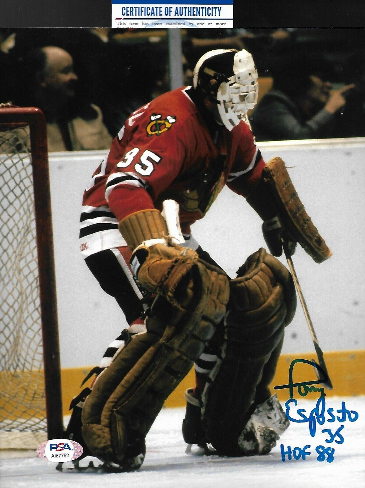 TONY ESPOSITO signed CHICAGO BLACKHAWKS 8x10 Photo Poster painting HOF 1988 PROOF w/COA PSA