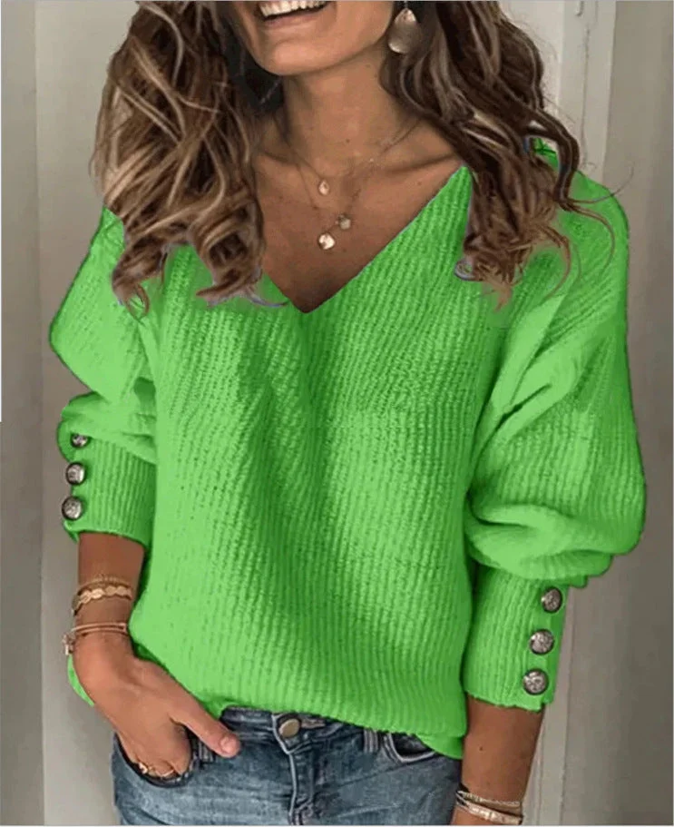 Uveng Blend Fashion Women's Wear Pure Color Knitted V-neck Loose Long Sleeve T-shirt