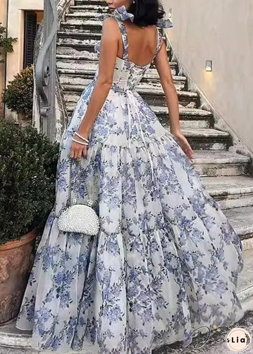 Italian Blue Lace Up Print Chiffon Spaghetti Strap Dresses Sleeveless