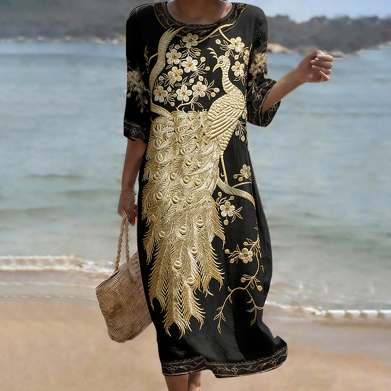 Women's Japanese Peacock Flower Art Print Round Neck Midi Dress elevenforest