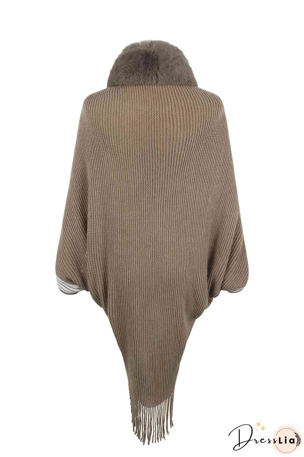 Striped Fringe Detail Long Sleeve Poncho