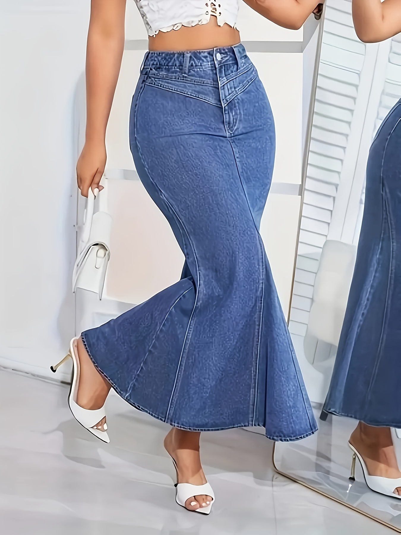 Womens Stretchy High-Waisted Non-See-Through Fishtail Party Skirt Machine Washable Jeans