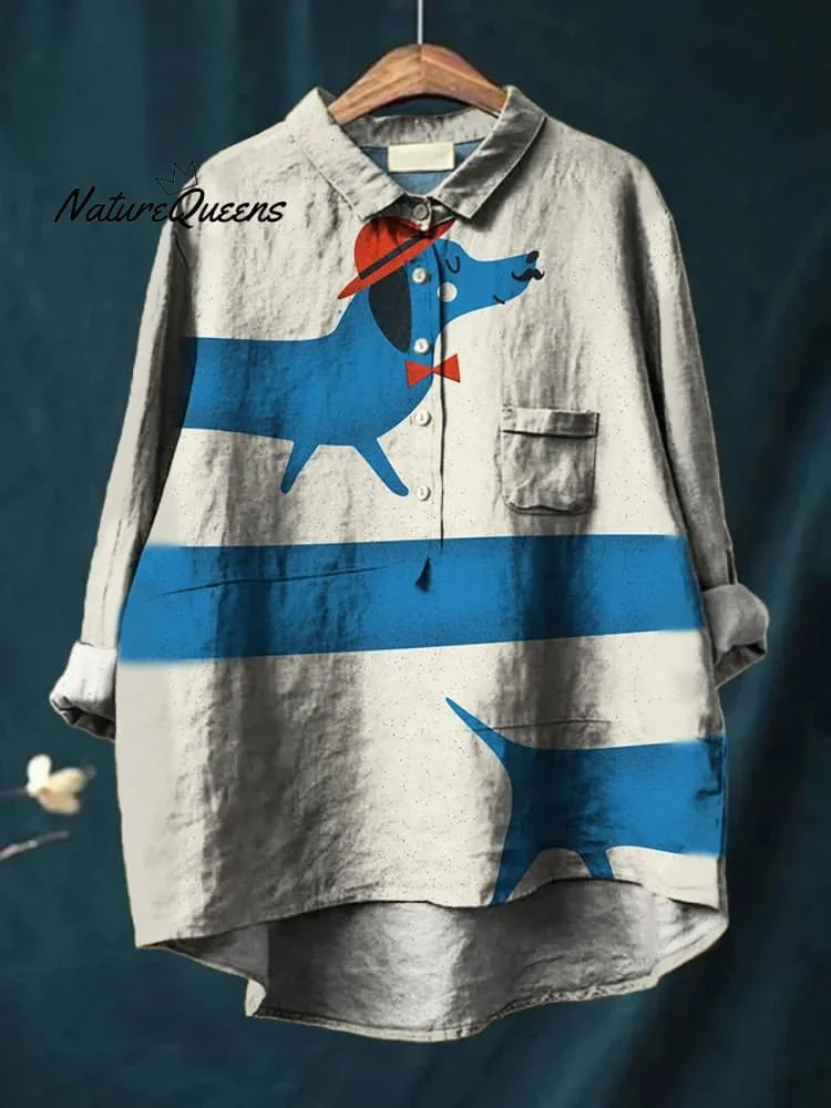 Funny Dachshund Graphic Printed Women's Casual Cotton And Linen Shirt