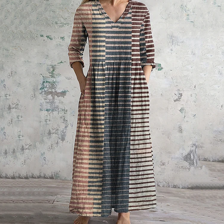 Simpfit Midikleid aus Nachahmung aus Baumwolle und Leinen mit V-Ausschnitt und Streifenmuster im Vintage-Stil
